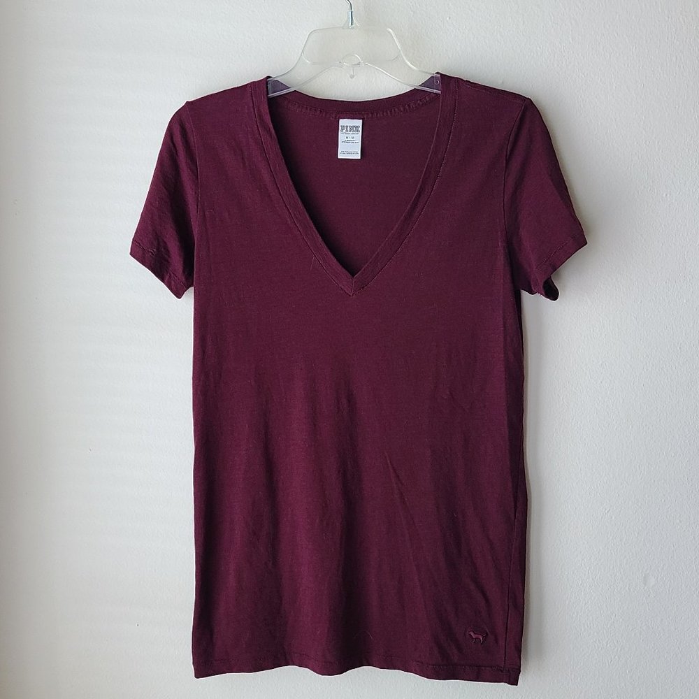 PINK Victoria's Secret Maroon V-Neck T-Shirt